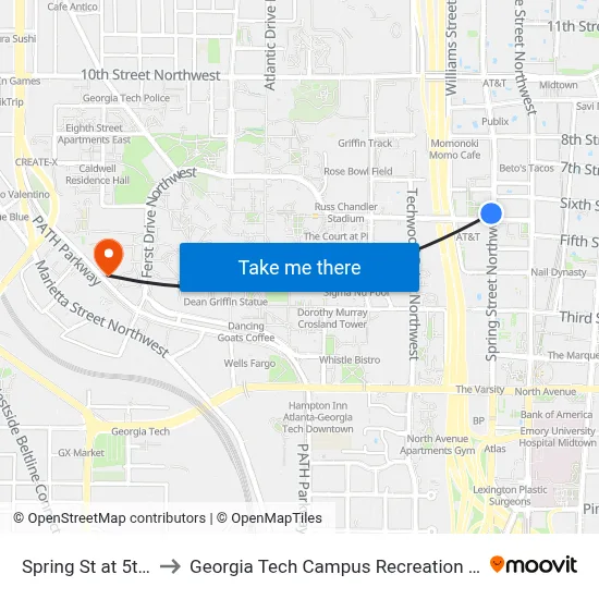 Spring St at 5th St to Georgia Tech Campus Recreation Center map