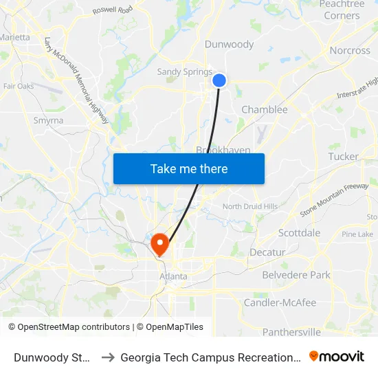 Dunwoody Station to Georgia Tech Campus Recreation Center map