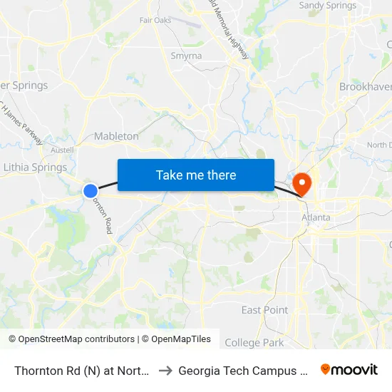 Thornton Rd (N) at North Blairs Bridge Rd to Georgia Tech Campus Recreation Center map
