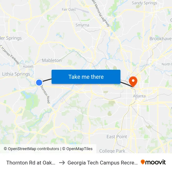 Thornton Rd at Oak Ridge Rd to Georgia Tech Campus Recreation Center map