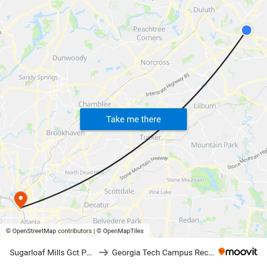 Sugarloaf Mills Gct Park And Ride to Georgia Tech Campus Recreation Center map