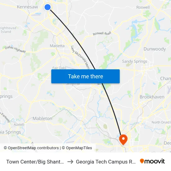 Town Center/Big Shanty Park And Ride to Georgia Tech Campus Recreation Center map