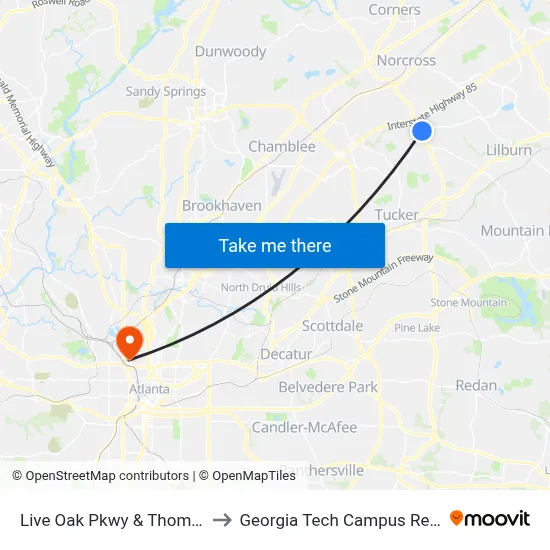 Live Oak Pkwy & Thompson Pkwy Ob to Georgia Tech Campus Recreation Center map