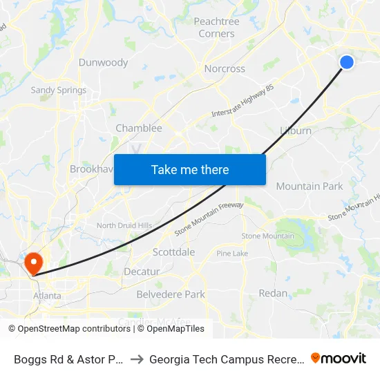 Boggs Rd & Astor Place Apts to Georgia Tech Campus Recreation Center map