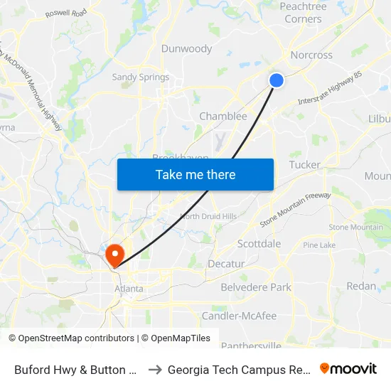 Buford Hwy & Button Gwinnett Dr Ib to Georgia Tech Campus Recreation Center map