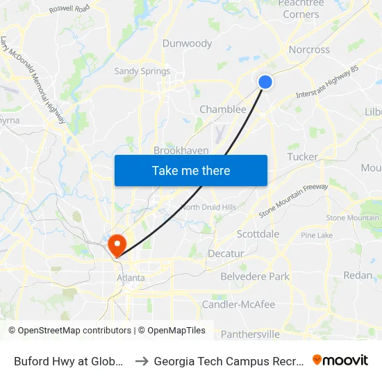 Buford Hwy at Global Forum Ib to Georgia Tech Campus Recreation Center map