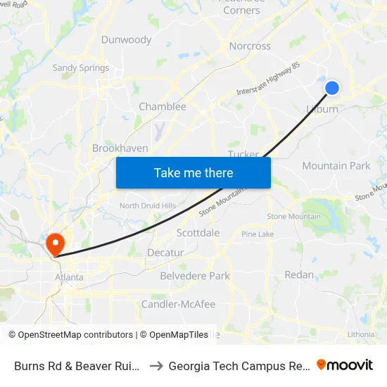 Burns Rd & Beaver Ruin Rd (Chevron) to Georgia Tech Campus Recreation Center map
