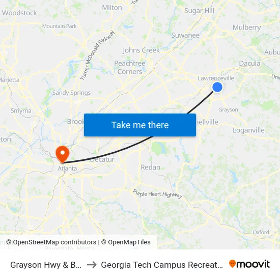 Grayson Hwy & Big Lots to Georgia Tech Campus Recreation Center map