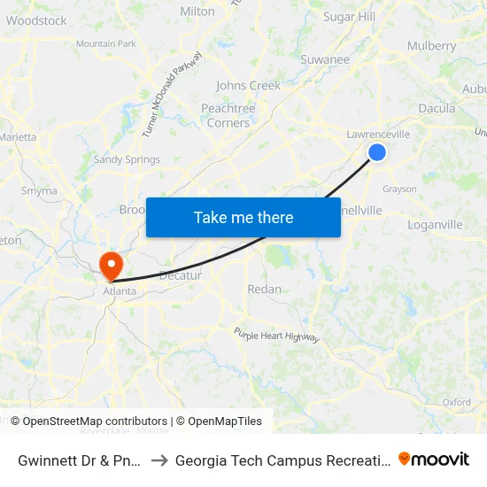 Gwinnett Dr & Pnc Bank to Georgia Tech Campus Recreation Center map