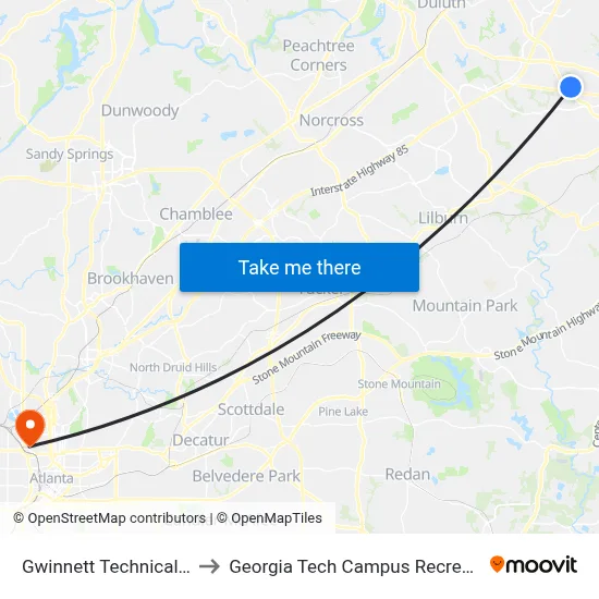 Gwinnett Technical College to Georgia Tech Campus Recreation Center map