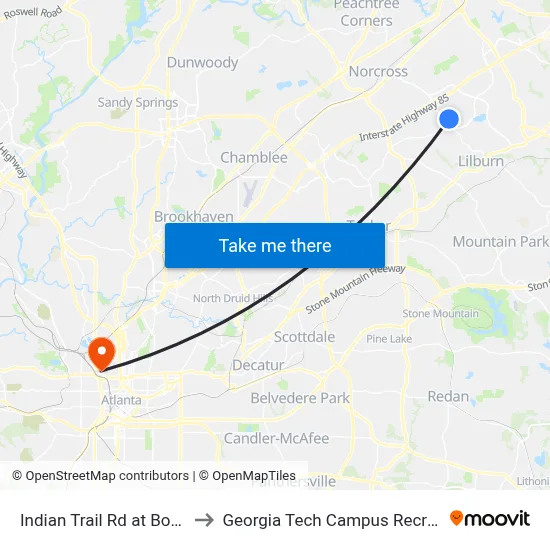 Indian Trail Rd at Boehm Travel to Georgia Tech Campus Recreation Center map