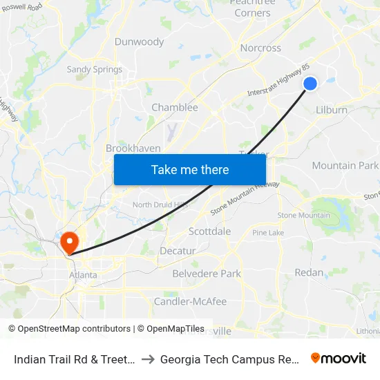 Indian Trail Rd & Treetrl Village Plz to Georgia Tech Campus Recreation Center map