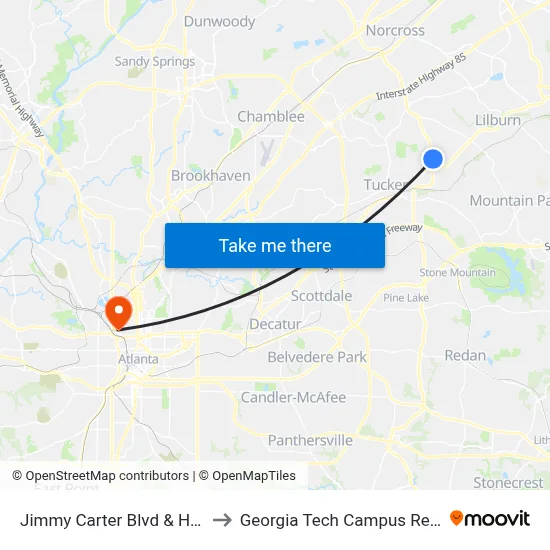 Jimmy Carter Blvd & Hunters Club Ln to Georgia Tech Campus Recreation Center map