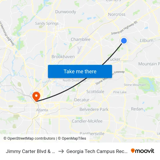 Jimmy Carter Blvd & Walmart Ob to Georgia Tech Campus Recreation Center map