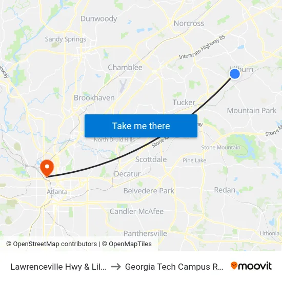 Lawrenceville Hwy & Lilburn School Rd to Georgia Tech Campus Recreation Center map