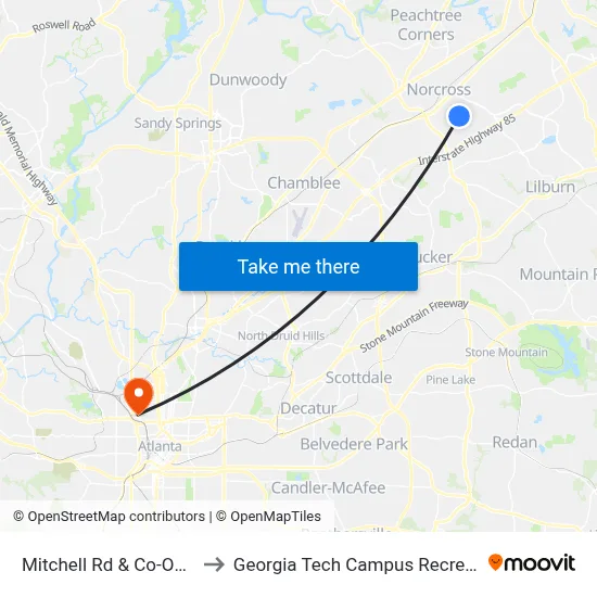 Mitchell Rd & Co-Op Ministry to Georgia Tech Campus Recreation Center map