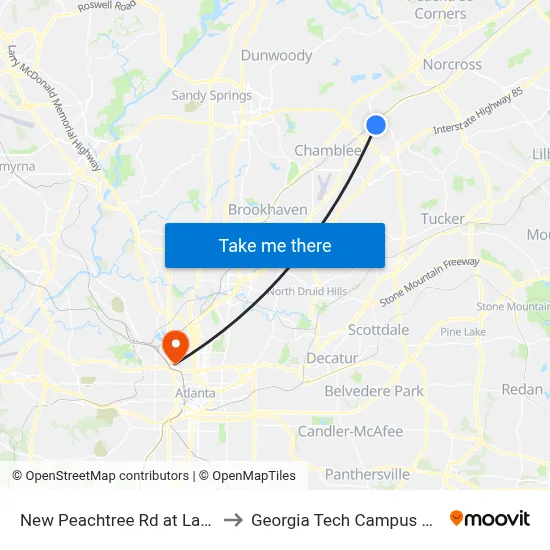 New Peachtree Rd at Lazaros Auto Rep Ib to Georgia Tech Campus Recreation Center map