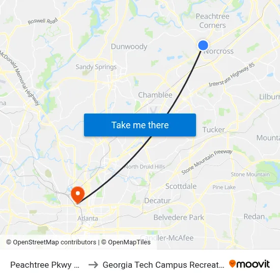 Peachtree Pkwy & Publix to Georgia Tech Campus Recreation Center map