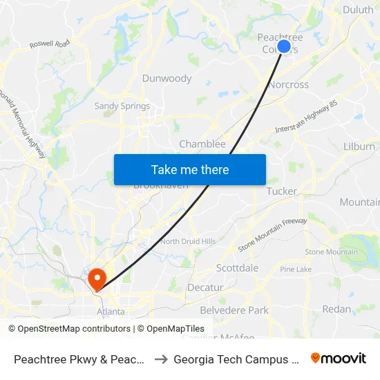 Peachtree Pkwy & Peachtree Corner Cir Ib to Georgia Tech Campus Recreation Center map