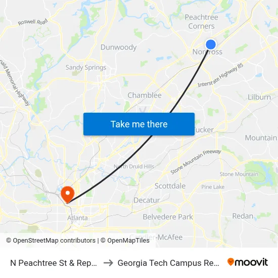 N Peachtree St & Reps Miller Road to Georgia Tech Campus Recreation Center map