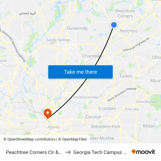 Peachtree Corners Cir & Appletree Way Ib to Georgia Tech Campus Recreation Center map