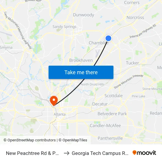 New Peachtree Rd & Pebblewood Apts to Georgia Tech Campus Recreation Center map