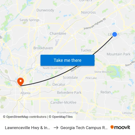 Lawrenceville Hwy & Indian Trail-Lilburn to Georgia Tech Campus Recreation Center map