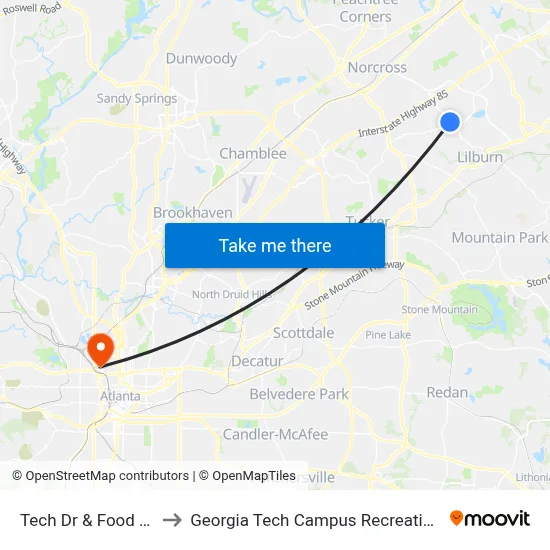 Tech Dr & Food Depot to Georgia Tech Campus Recreation Center map