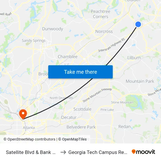 Satellite Blvd & Bank Of America Ib to Georgia Tech Campus Recreation Center map