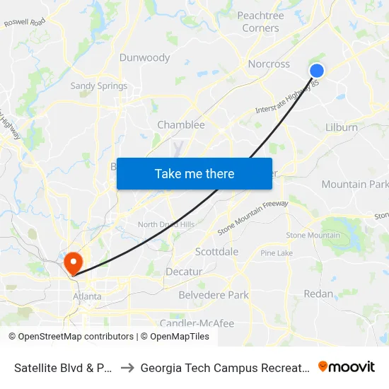 Satellite Blvd & Pond Rd to Georgia Tech Campus Recreation Center map