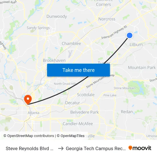 Steve Reynolds Blvd & Hillcrest Ct to Georgia Tech Campus Recreation Center map