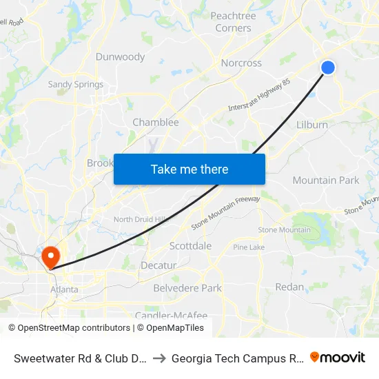 Sweetwater Rd & Club Dr (Fedex/Kinkos) to Georgia Tech Campus Recreation Center map