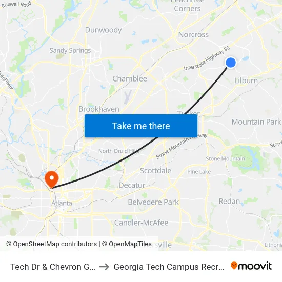 Tech Dr & Chevron Gas Station to Georgia Tech Campus Recreation Center map