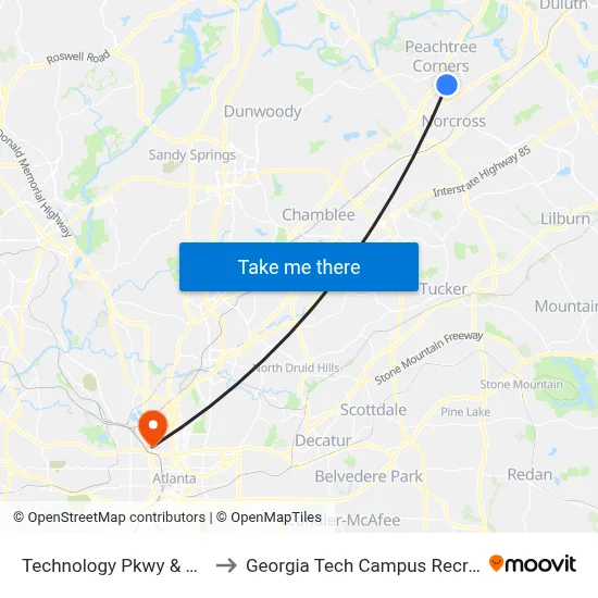 Technology Pkwy & Research Dr to Georgia Tech Campus Recreation Center map