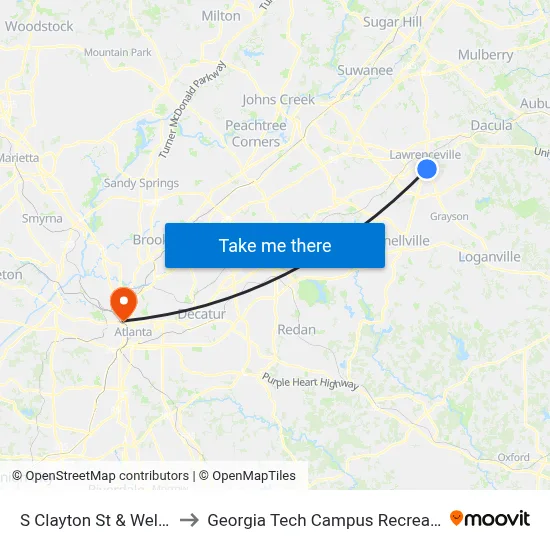 S Clayton St & Wells Fargo to Georgia Tech Campus Recreation Center map