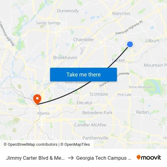 Jimmy Carter Blvd & Meadowbrook Dr Ob to Georgia Tech Campus Recreation Center map