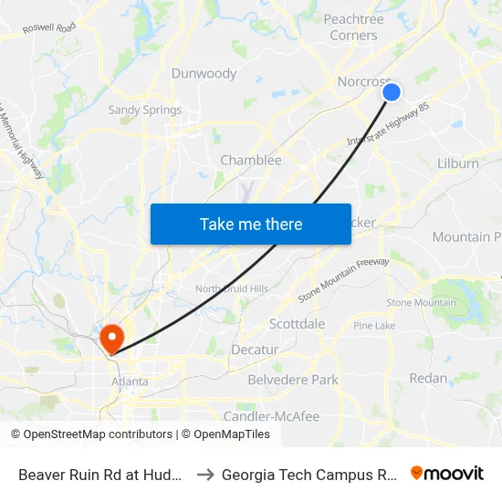 Beaver Ruin Rd at Huddersfield Way Ib to Georgia Tech Campus Recreation Center map