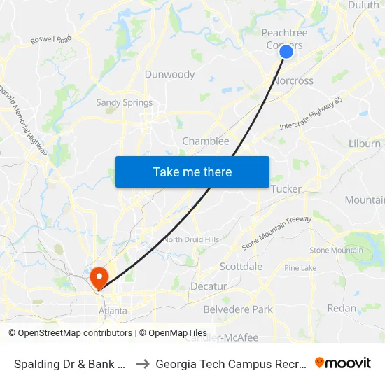 Spalding Dr & Bank Of America to Georgia Tech Campus Recreation Center map