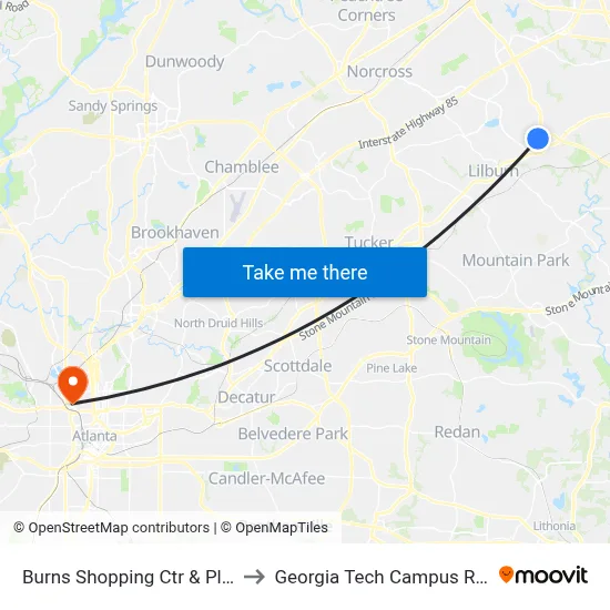 Burns Shopping Ctr & Pleasant Hill Rd Ib to Georgia Tech Campus Recreation Center map