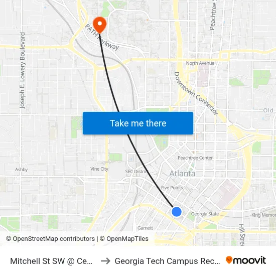 Mitchell St SW @ Central Ave SW to Georgia Tech Campus Recreation Center map