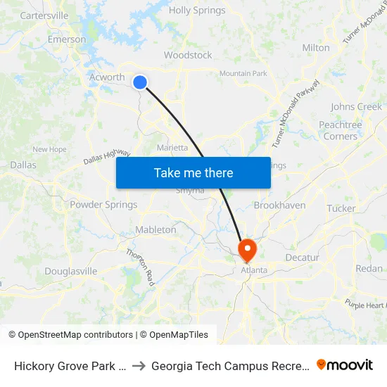 Hickory Grove Park And Ride to Georgia Tech Campus Recreation Center map