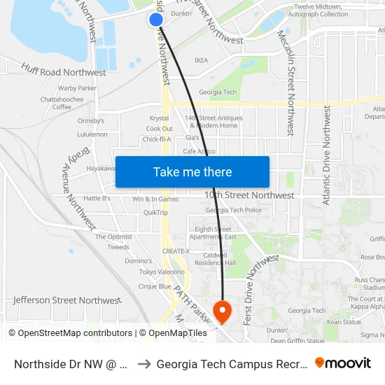 Northside Dr NW @ 17th St NW to Georgia Tech Campus Recreation Center map