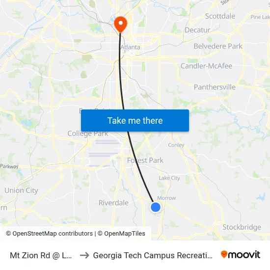 Mt Zion Rd @ Lake Dr to Georgia Tech Campus Recreation Center map