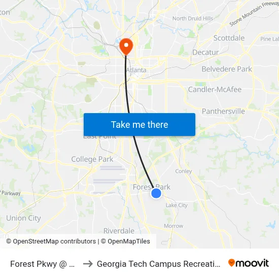 Forest Pkwy @ Ash St to Georgia Tech Campus Recreation Center map