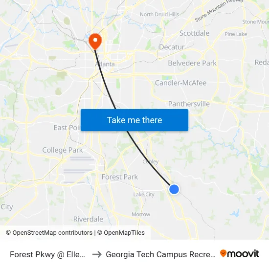Forest Pkwy @ Ellenwood Rd to Georgia Tech Campus Recreation Center map