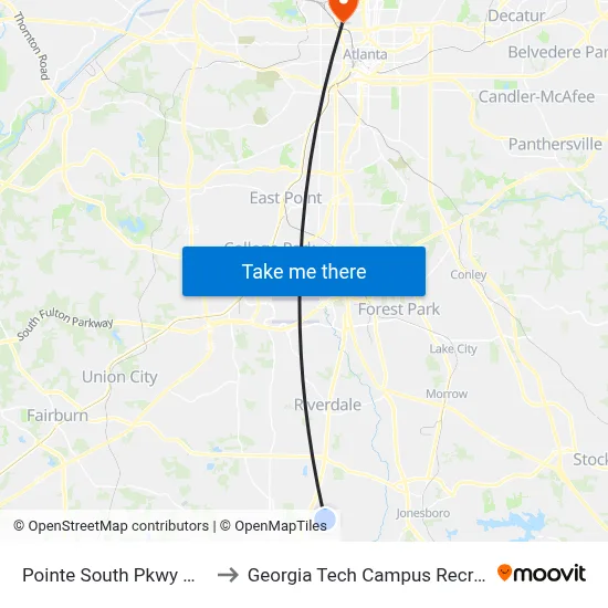 Pointe South Pkwy @ Ansley Dr to Georgia Tech Campus Recreation Center map