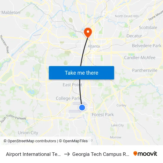 Airport International Terminal - Arrivals to Georgia Tech Campus Recreation Center map