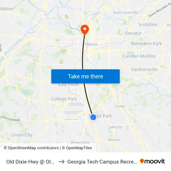 Old Dixie Hwy @ Old Dixie Rd to Georgia Tech Campus Recreation Center map
