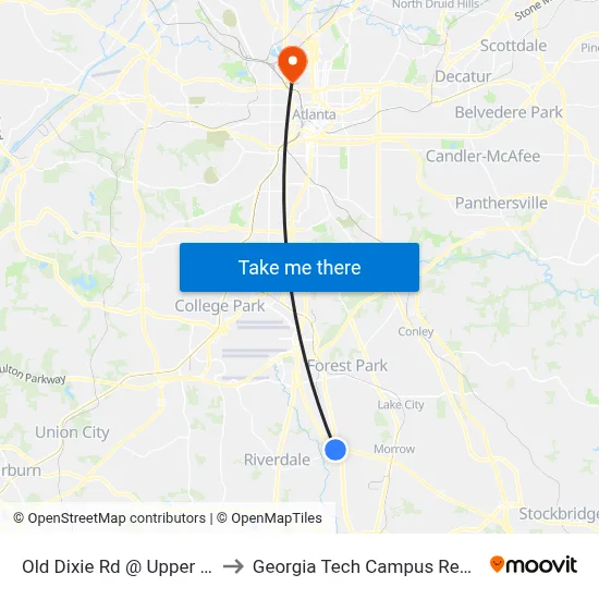 Old Dixie Rd @ Upper Riverdale Rd to Georgia Tech Campus Recreation Center map