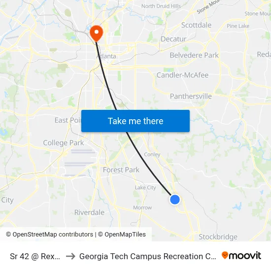 Sr 42 @ Rex Rd to Georgia Tech Campus Recreation Center map